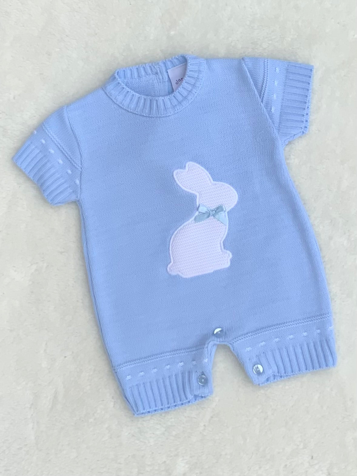 DANDY baby boys blue knitted all one shorts romper bunny motif