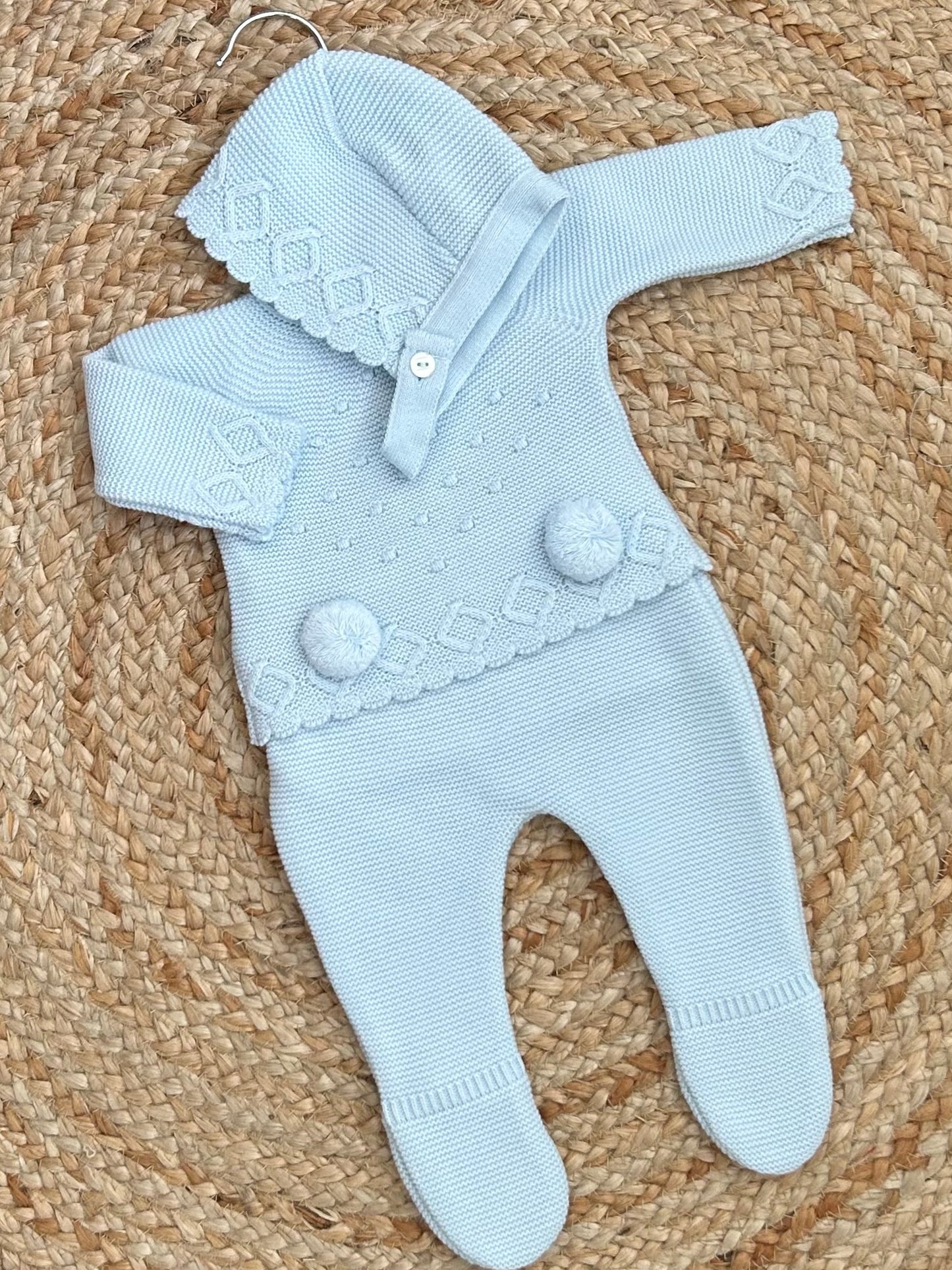 LORIE baby girls boys blue 3 piece set pom poms