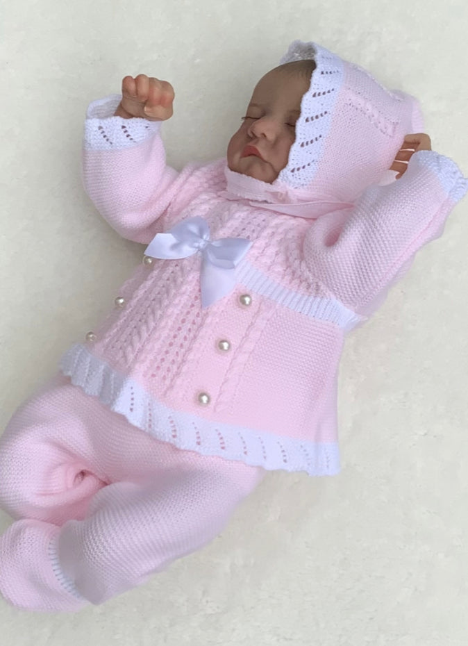 DAISY baby girls knitted 3 piece set jumper bonnet trousers