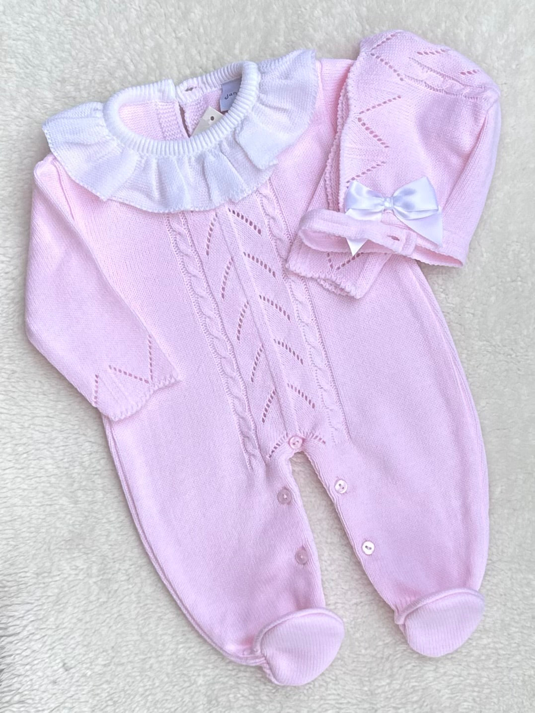 ANNIE baby girls pink knitted all in one romper matching bonnet