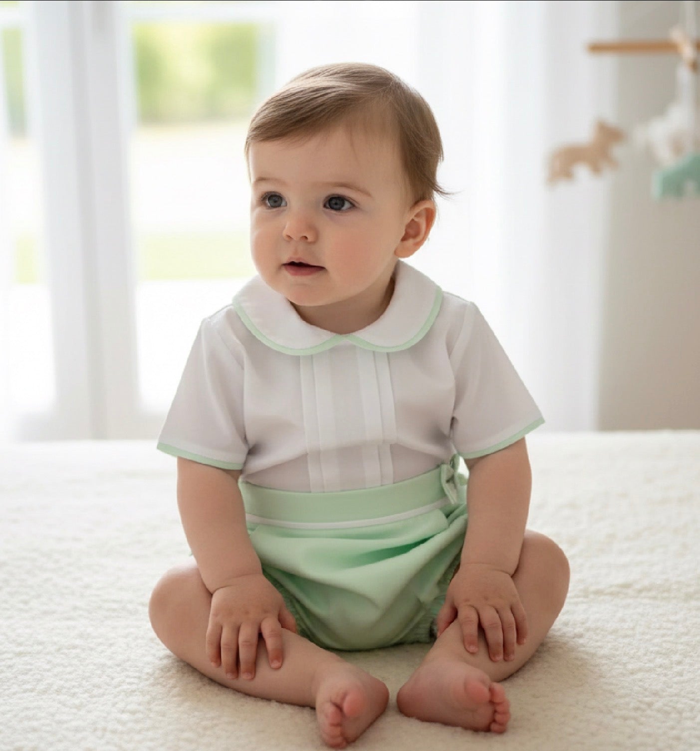 FARROW baby boys shirt and jam pants shorts outfit set mint green white
