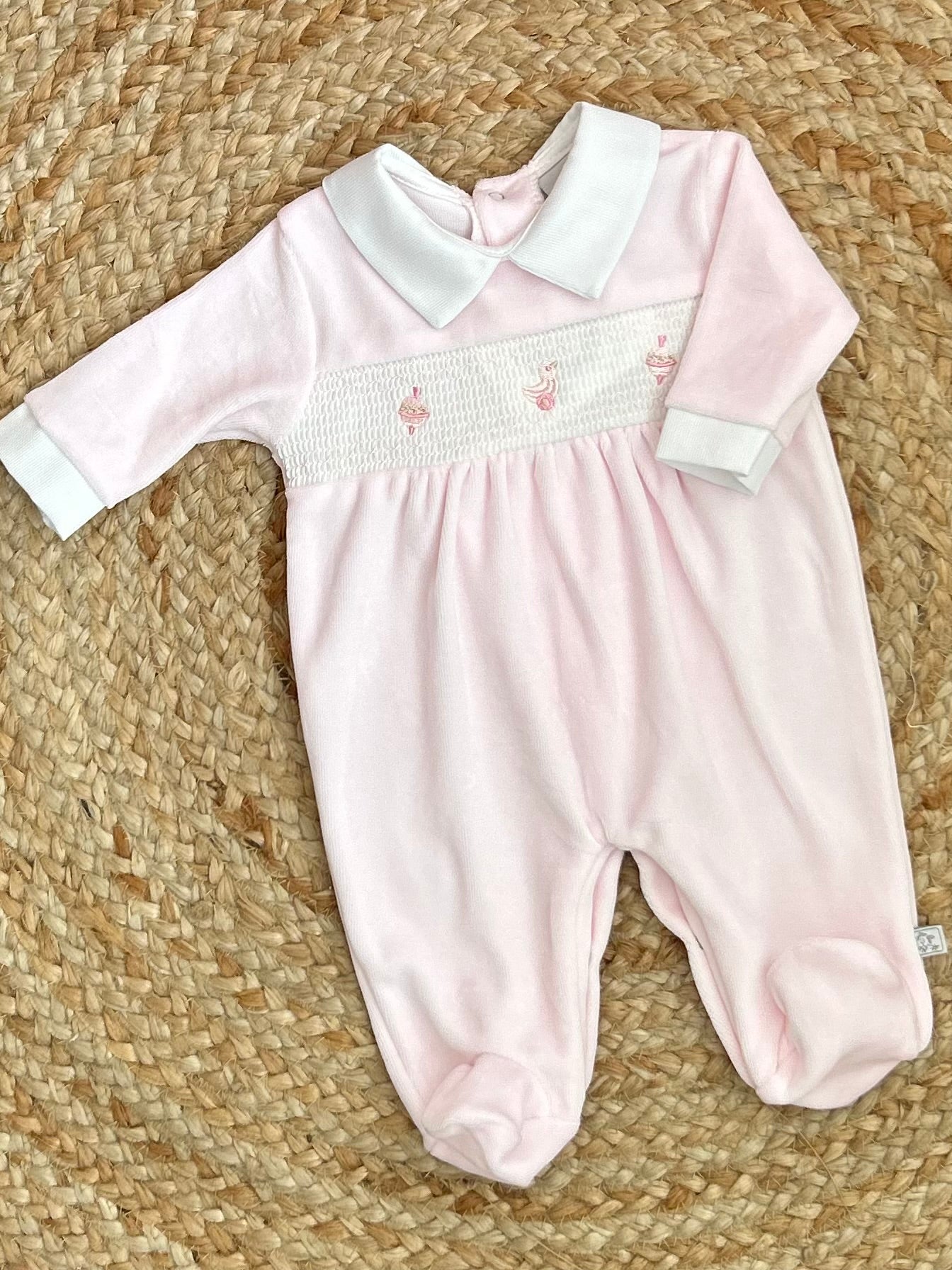 TOY baby pink girls soft velour smocked toy romper