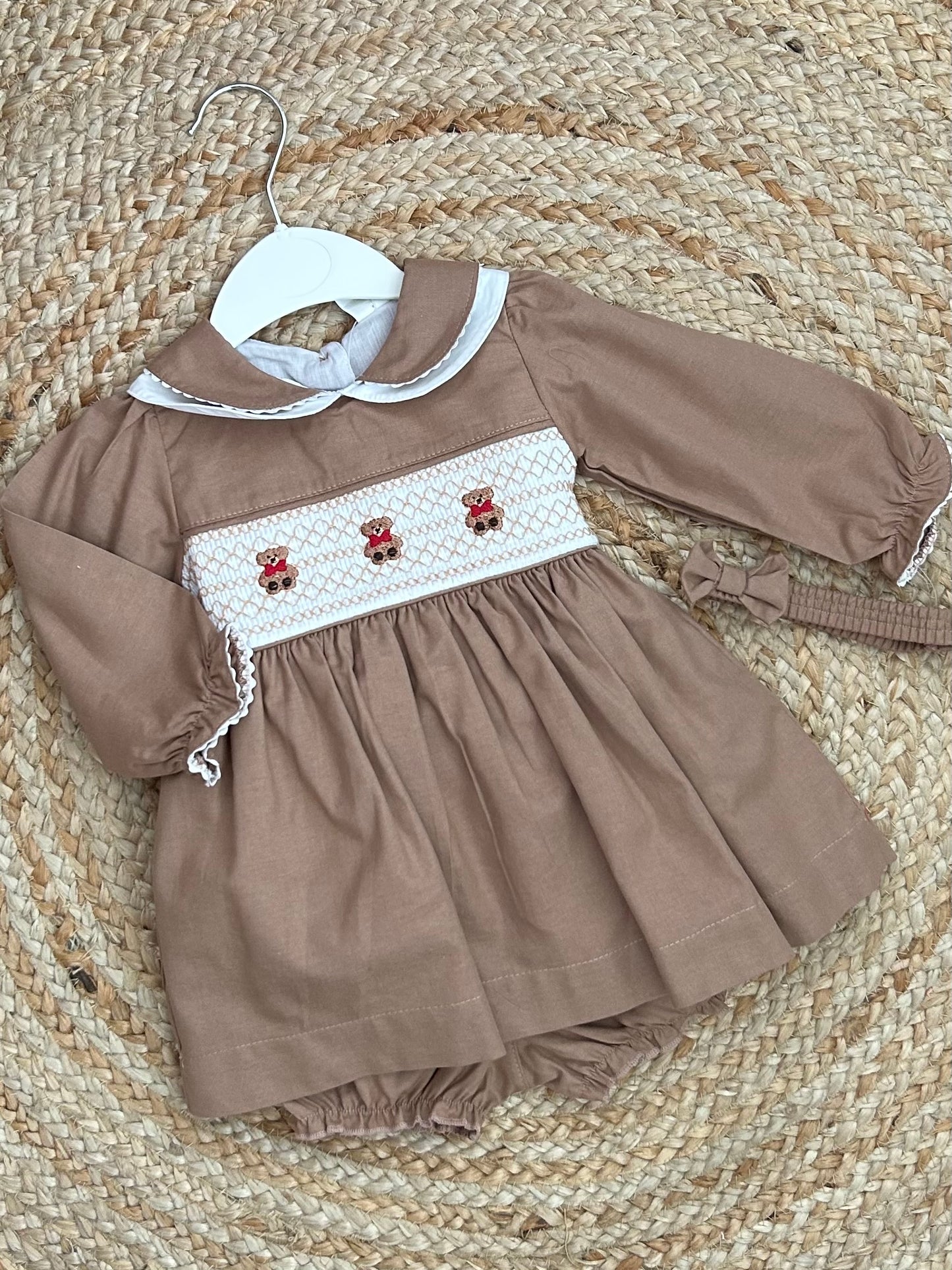 TEDDY smocked dress in brown with pants headband