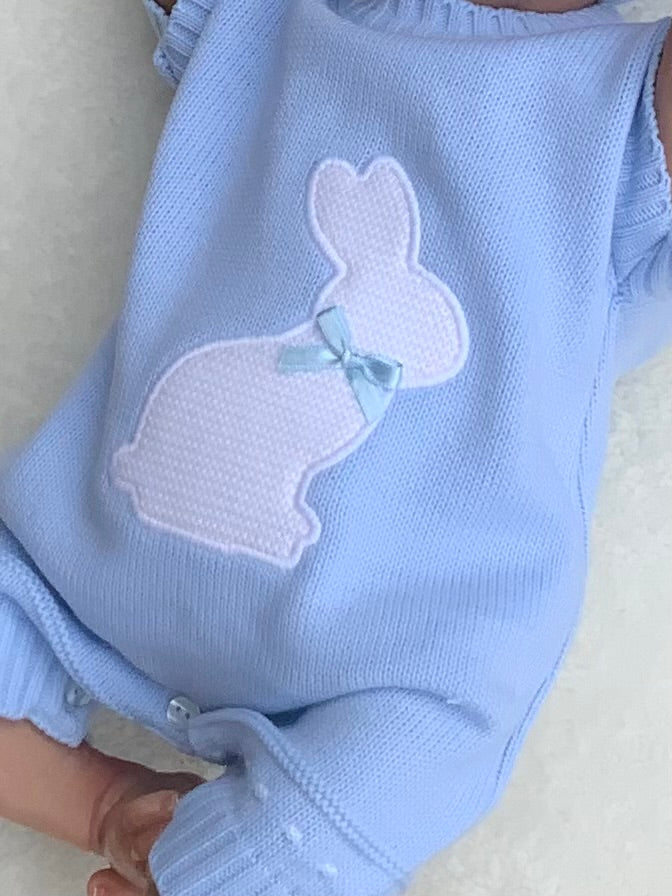 DANDY baby boys blue knitted all one shorts romper bunny motif