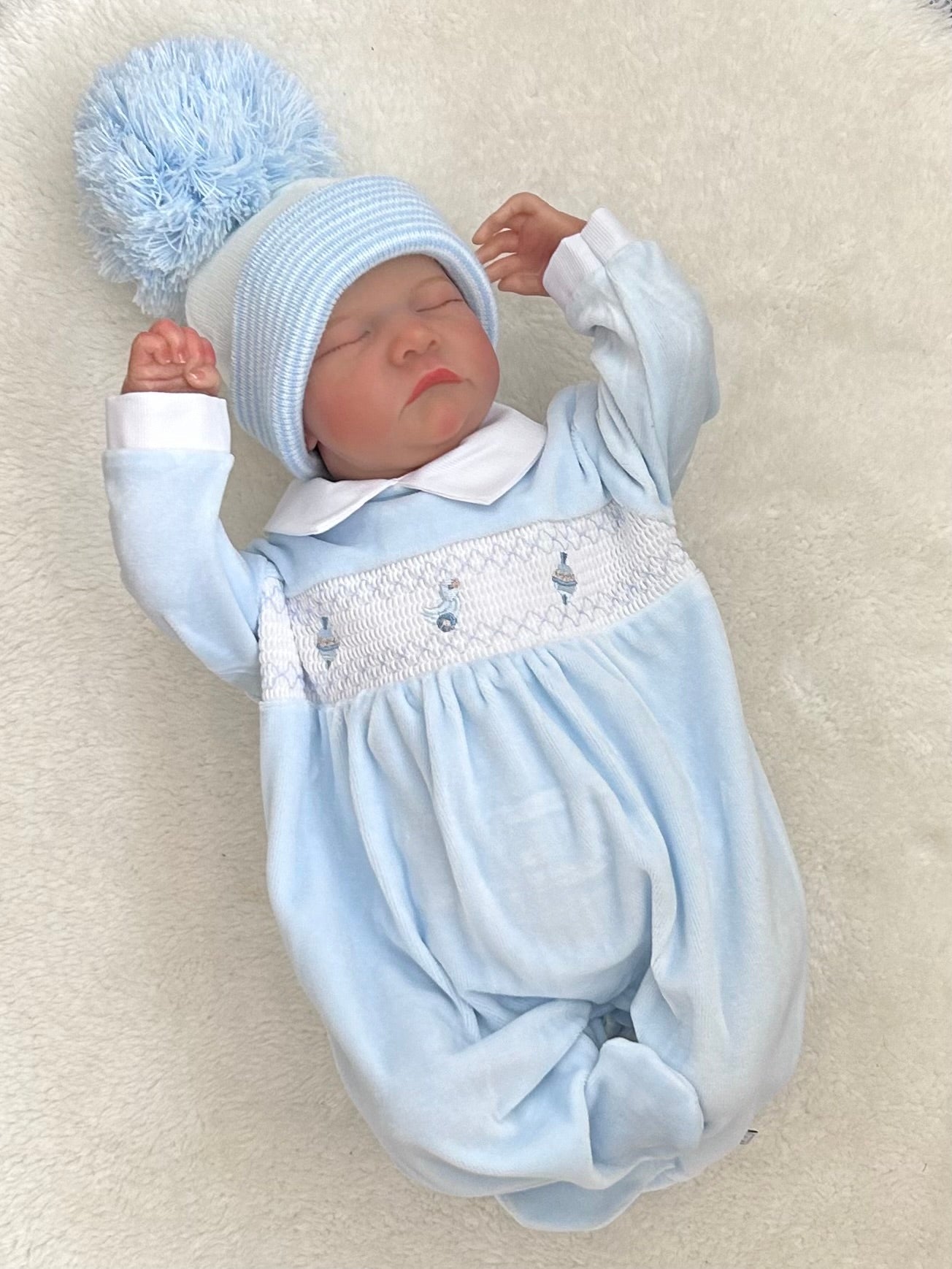 TOY baby blue boys soft velour smocked toy romper