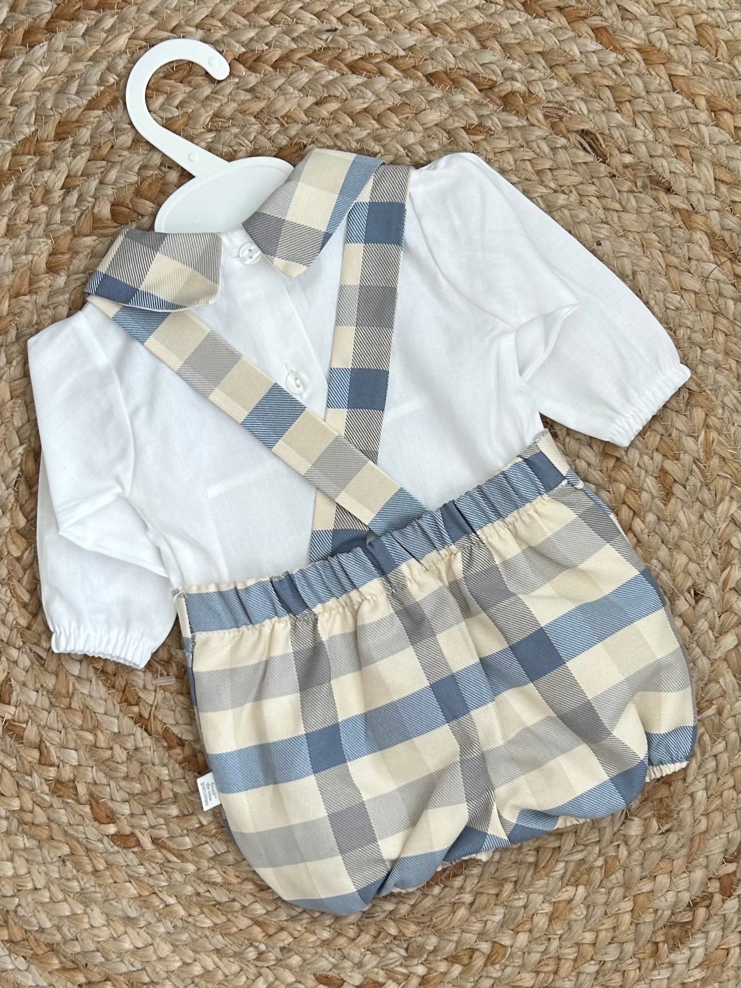 CHEQUER baby boys toddlers blue beige checked all in one dungerees white shirt
