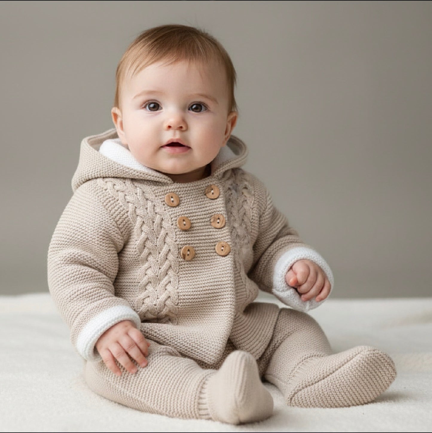 ROMIE babies beige cream knitted pram set coat trousers