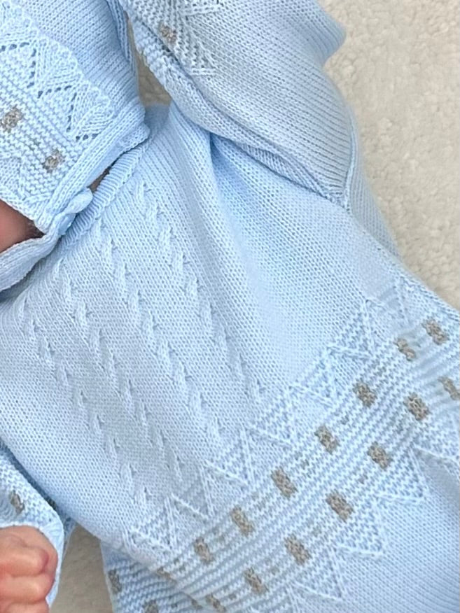 RALPHY baby boys knitted all in one romper blue grey matching hat