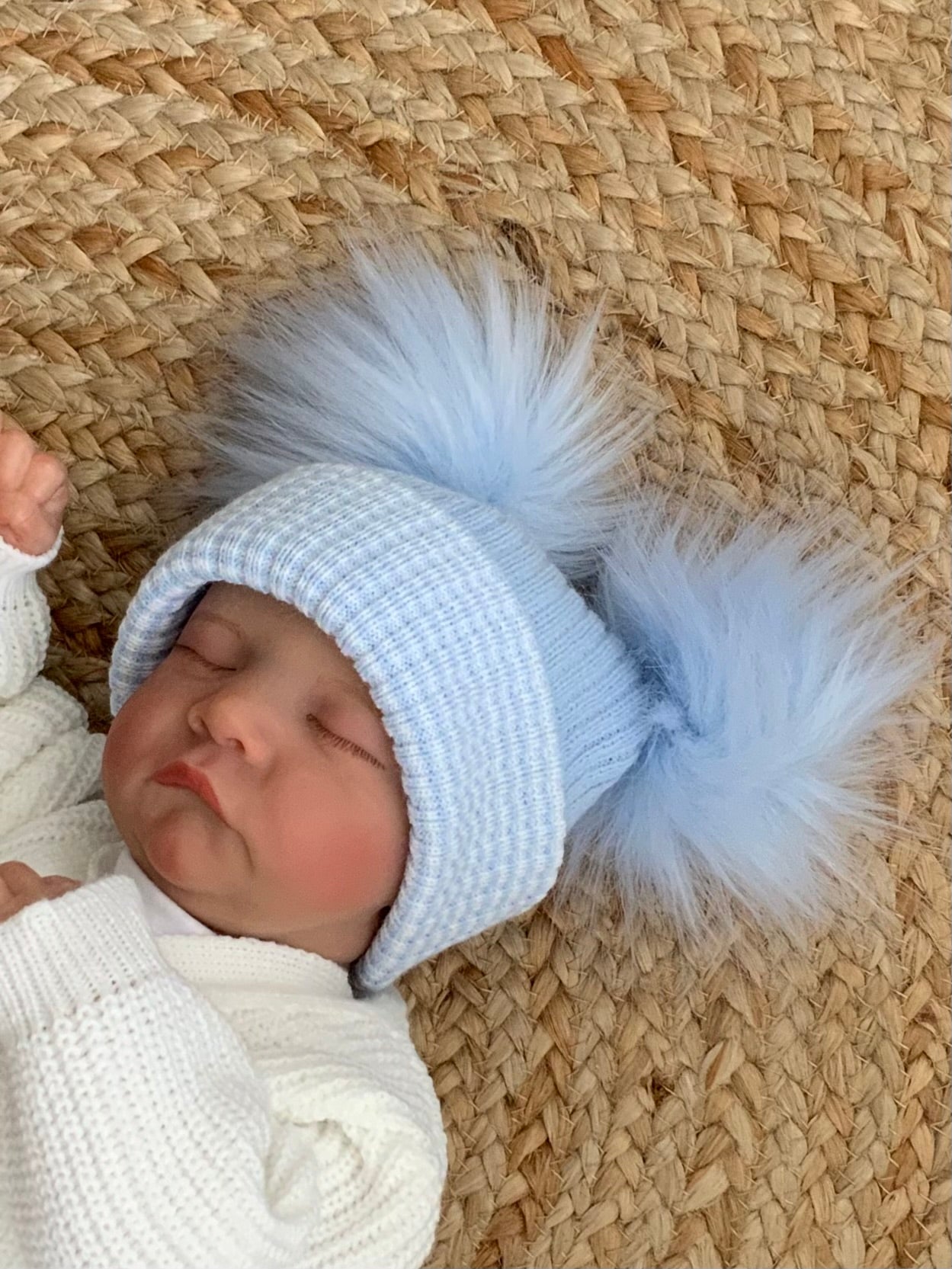 BOBBY baby blue white striped boys faux fur double pom pom hat