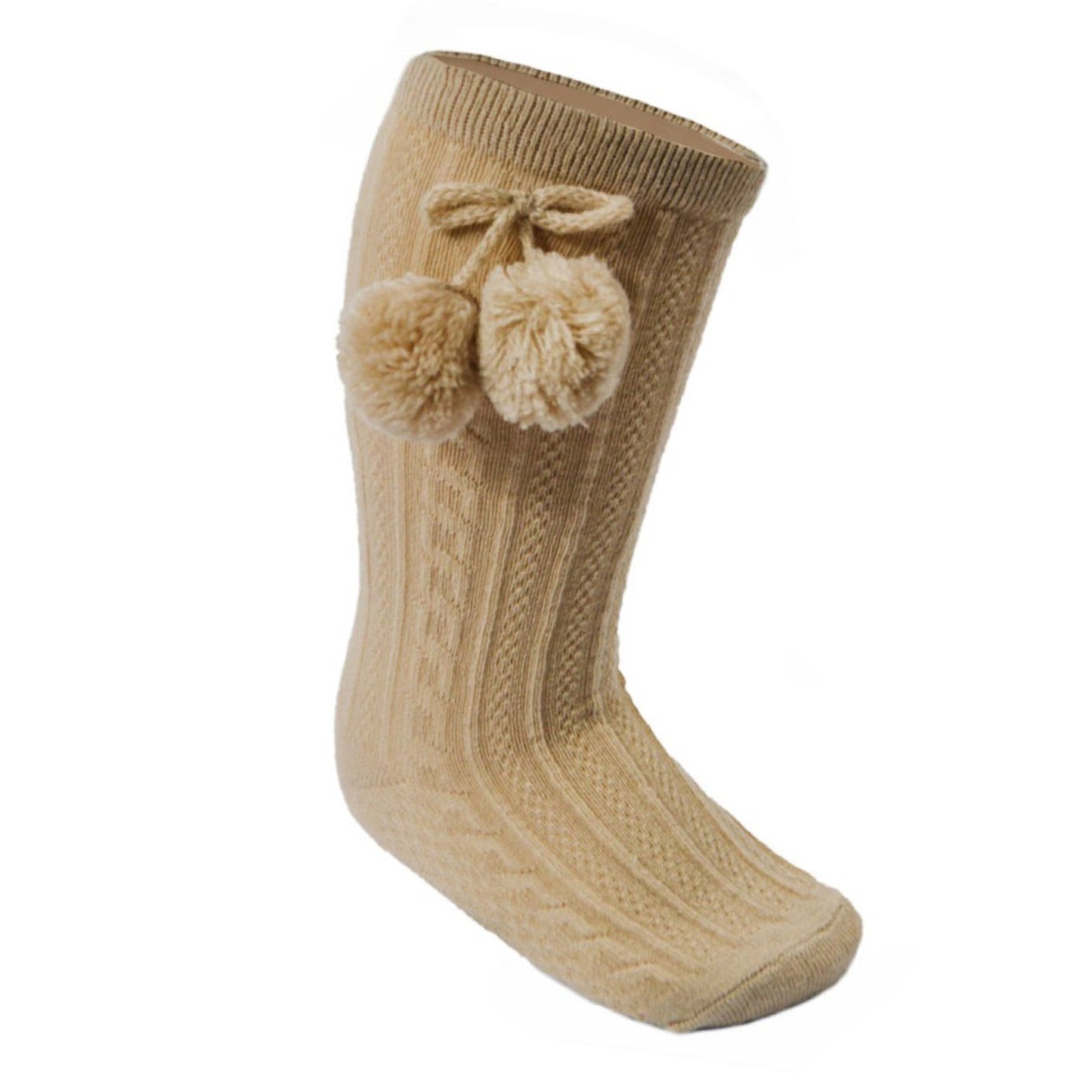 BOBBY beige white unisex boys girls knee high pom pom socks