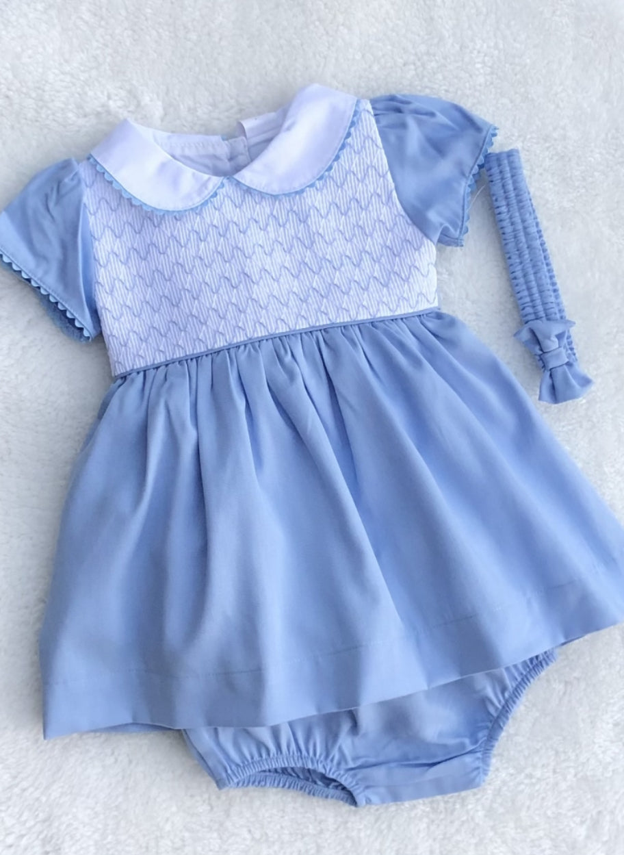 MABEL blue white cotton smocked dress pants headband