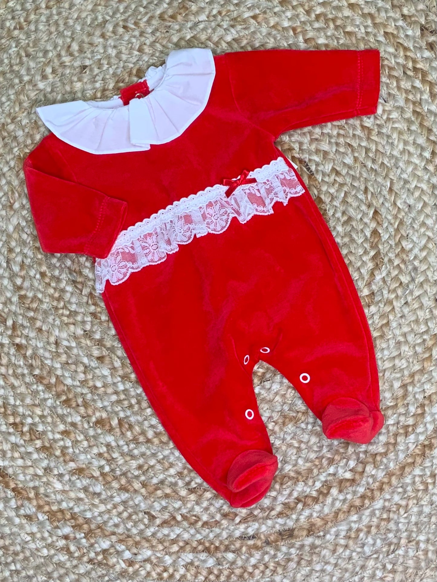 VELOUR baby girls all in one Christmas romper lace detailing red