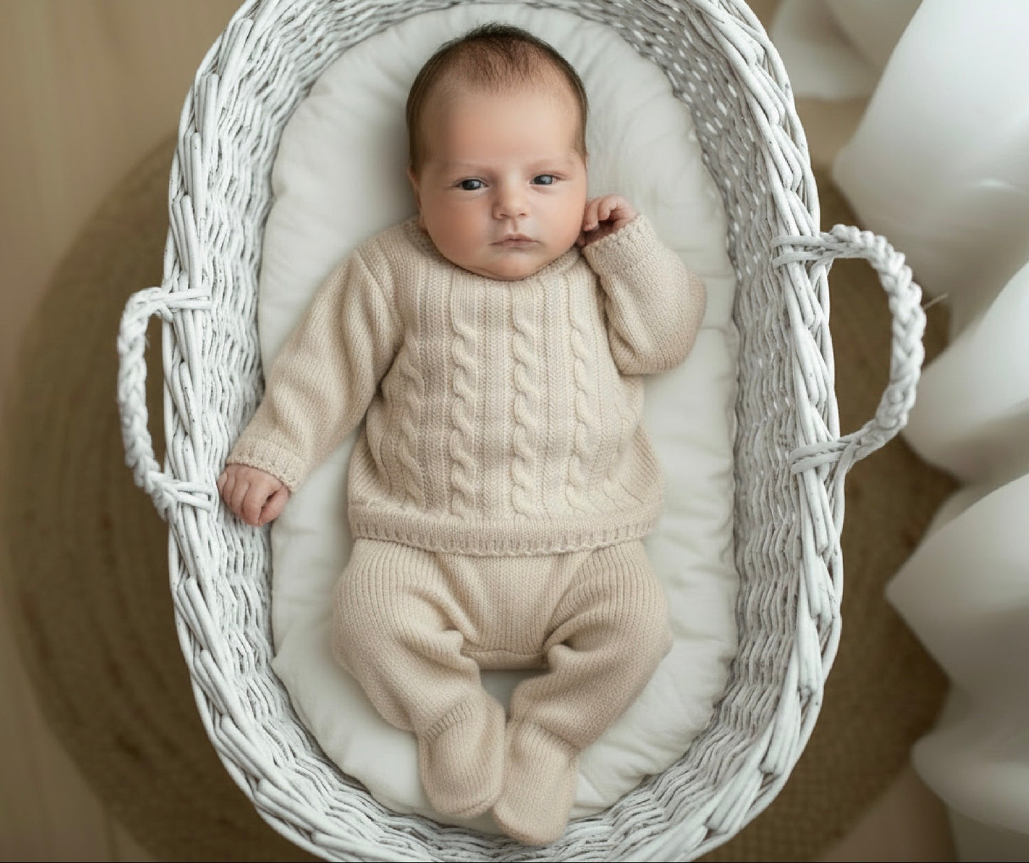 DIXIE baby girls boys neutral beige cable knitted jumper trousers