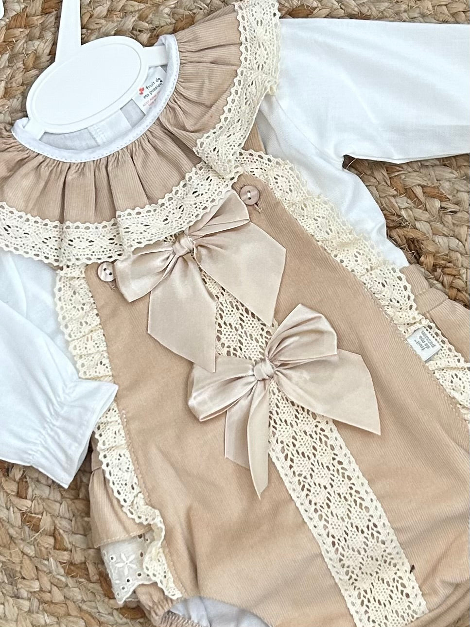 CAROLER girls toddlers beige cream corduroy all in one dungerees white blouse