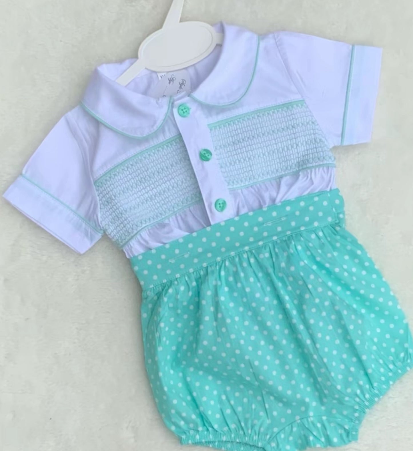 DOTTY babies unisex mint green polka spot jam pants white smocked top