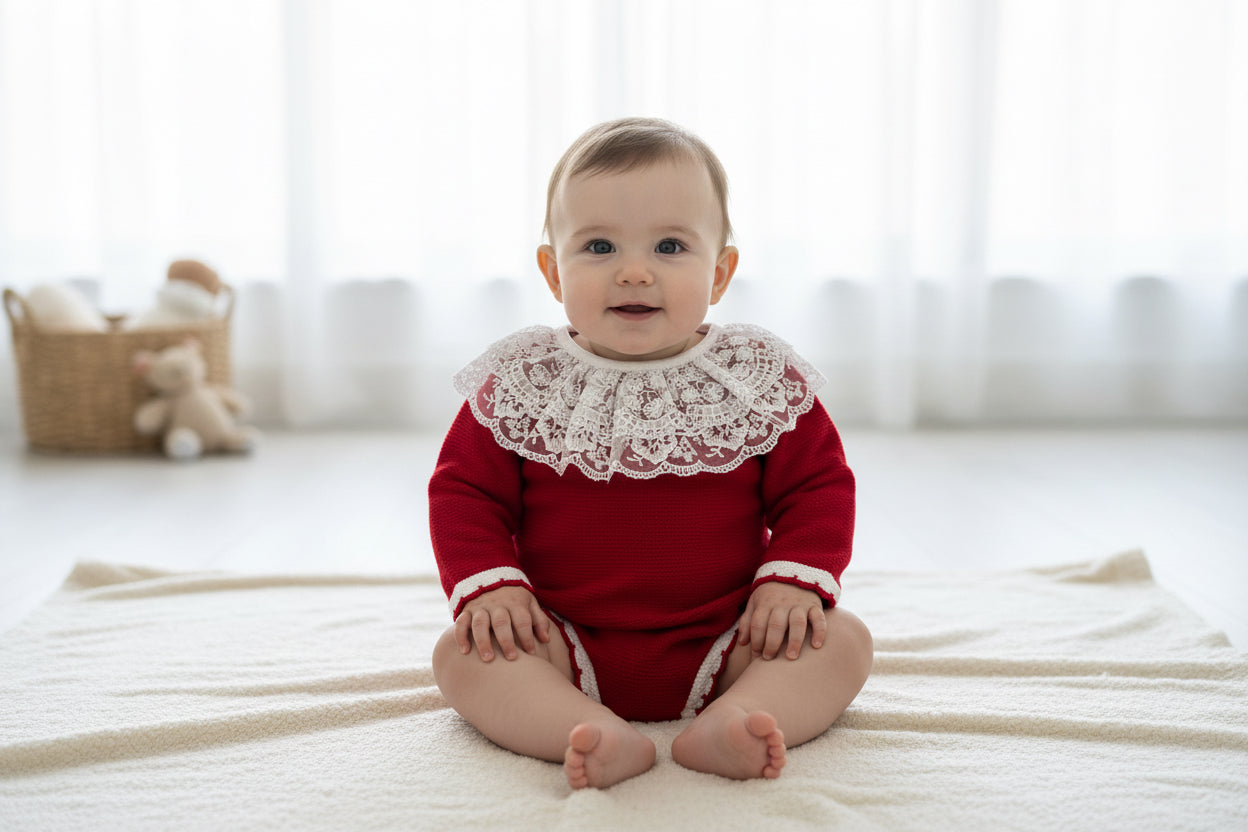 LACIE baby girls knitted all in one romper cream lace collar