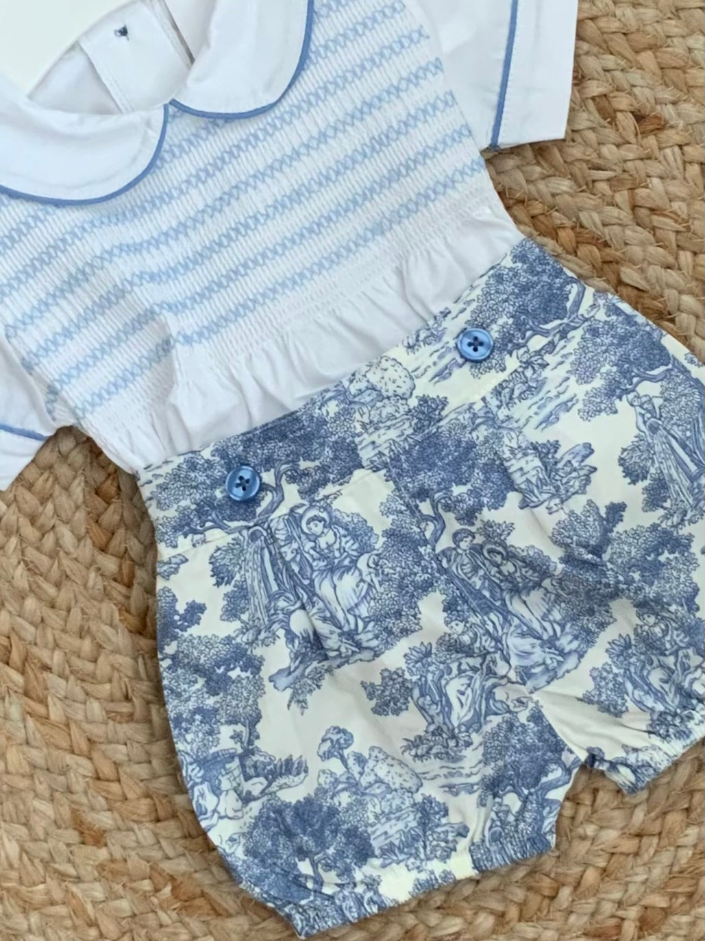 ANICKA baby boys girls french toille design jam pants short smocked shirt blouse