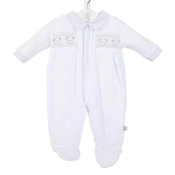 DOTTY babies grey white polka spot teddy bear white smocked romper