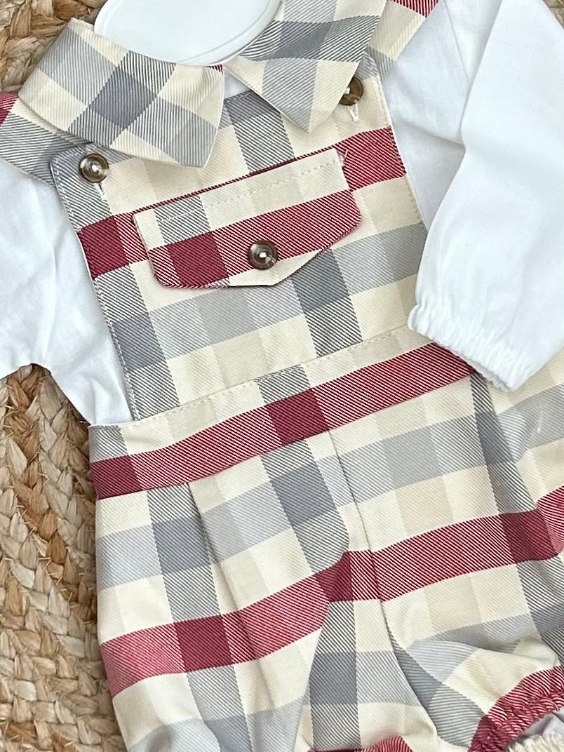 CHEQUER baby boys toddlers red beige checked all in one dungerees white shirt