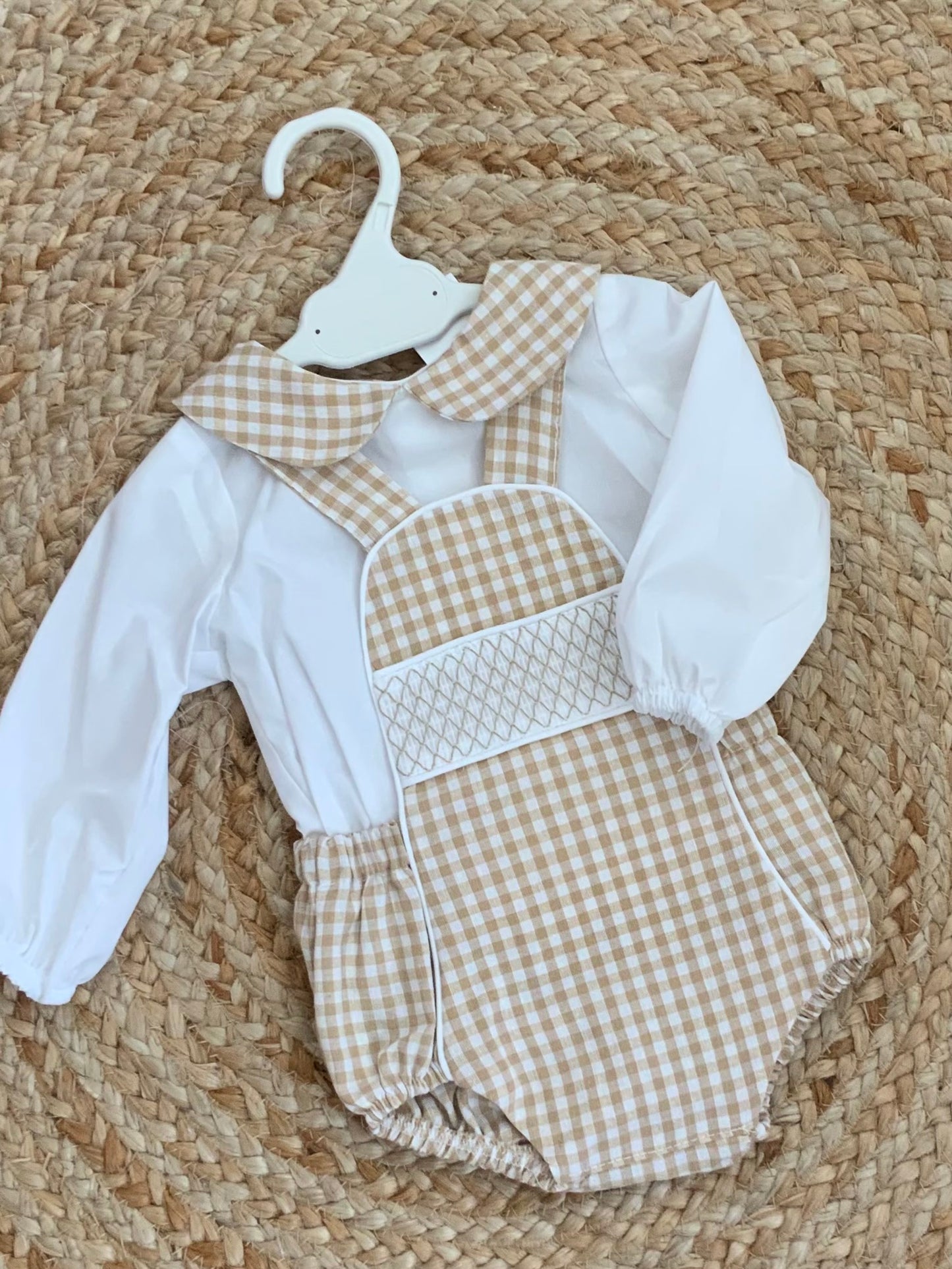 Baby boys beige white checked smocked gingham all in one shorts romper matching shirt