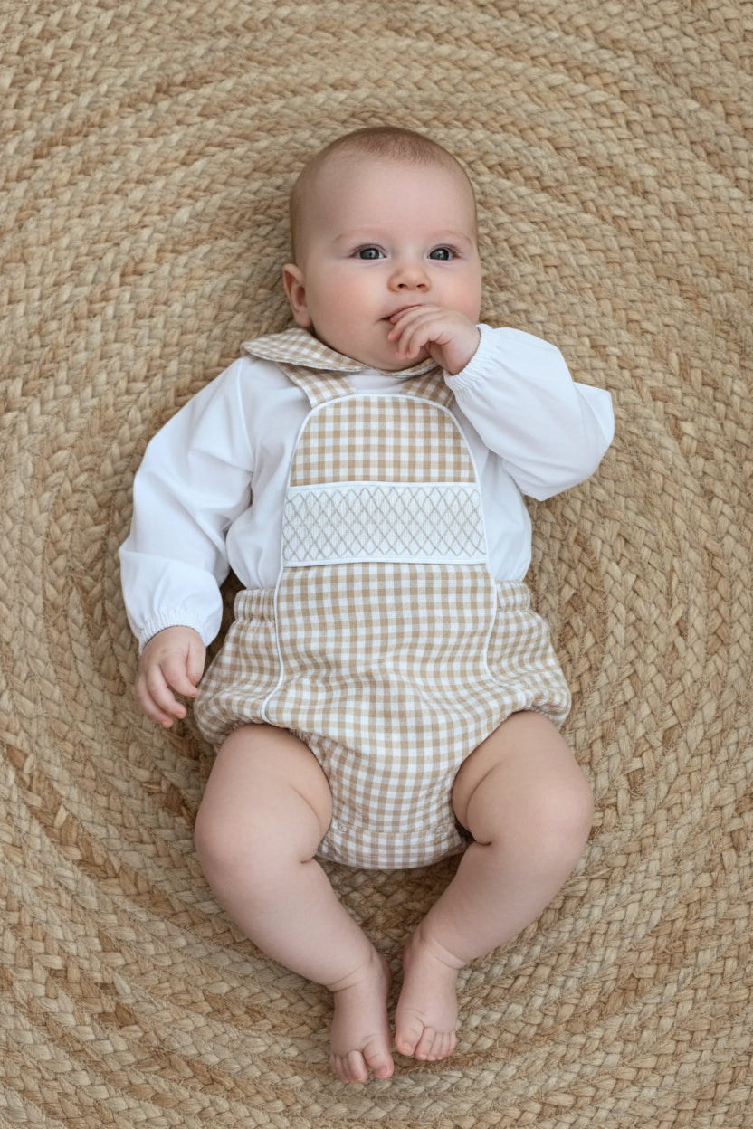 Baby boys beige white checked smocked gingham all in one shorts romper matching shirt