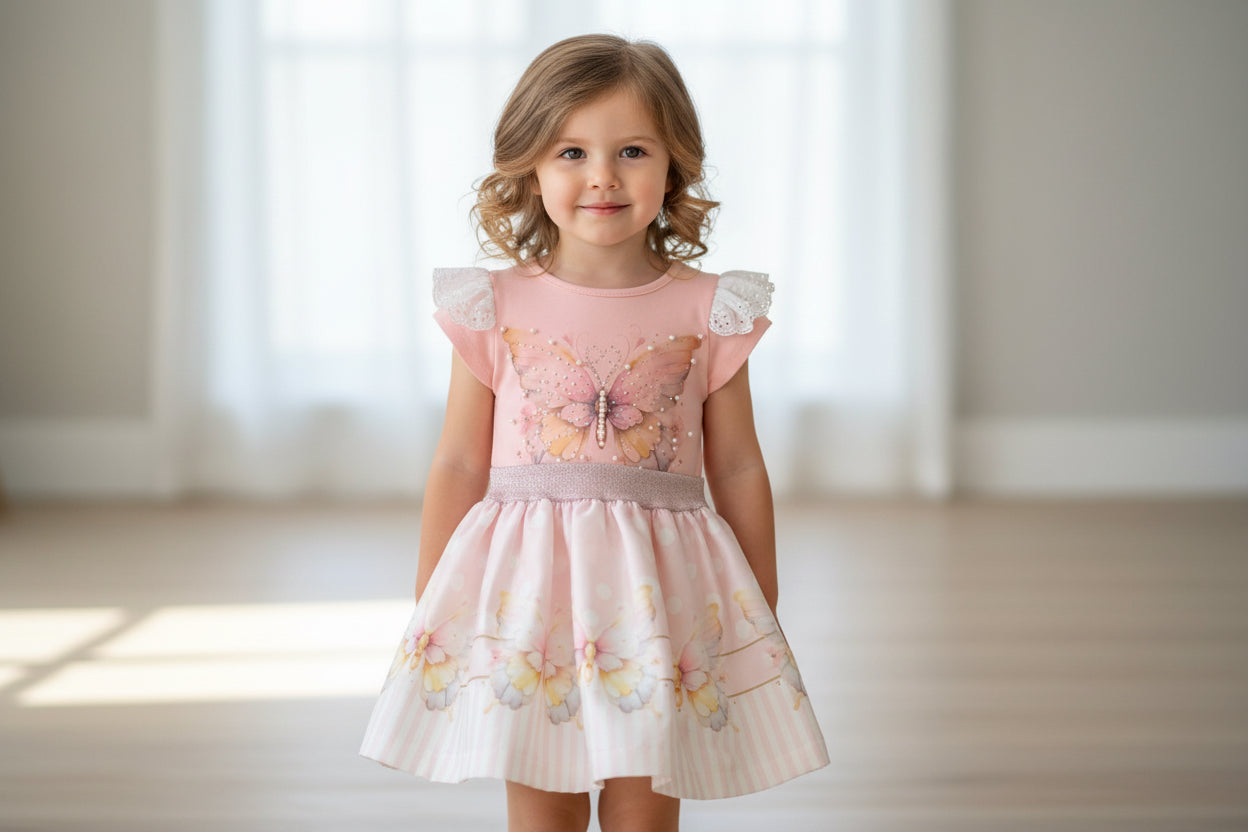 TODDLER GIRLS EMBLISHED BUTTERFLY T-SHIRT SKIRT SET PEACH