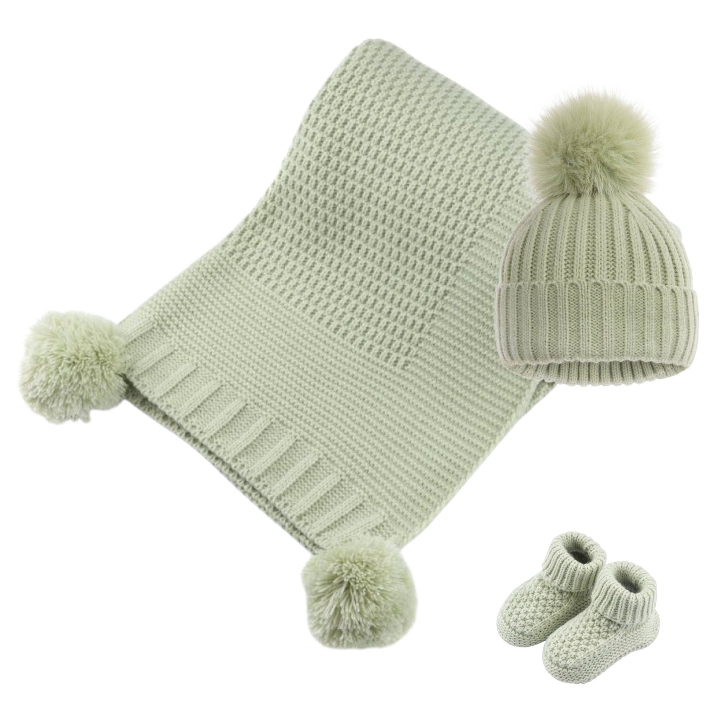 GIFT SET babies pistachio green embroided baby shawl blanket pom pom hat and bootees