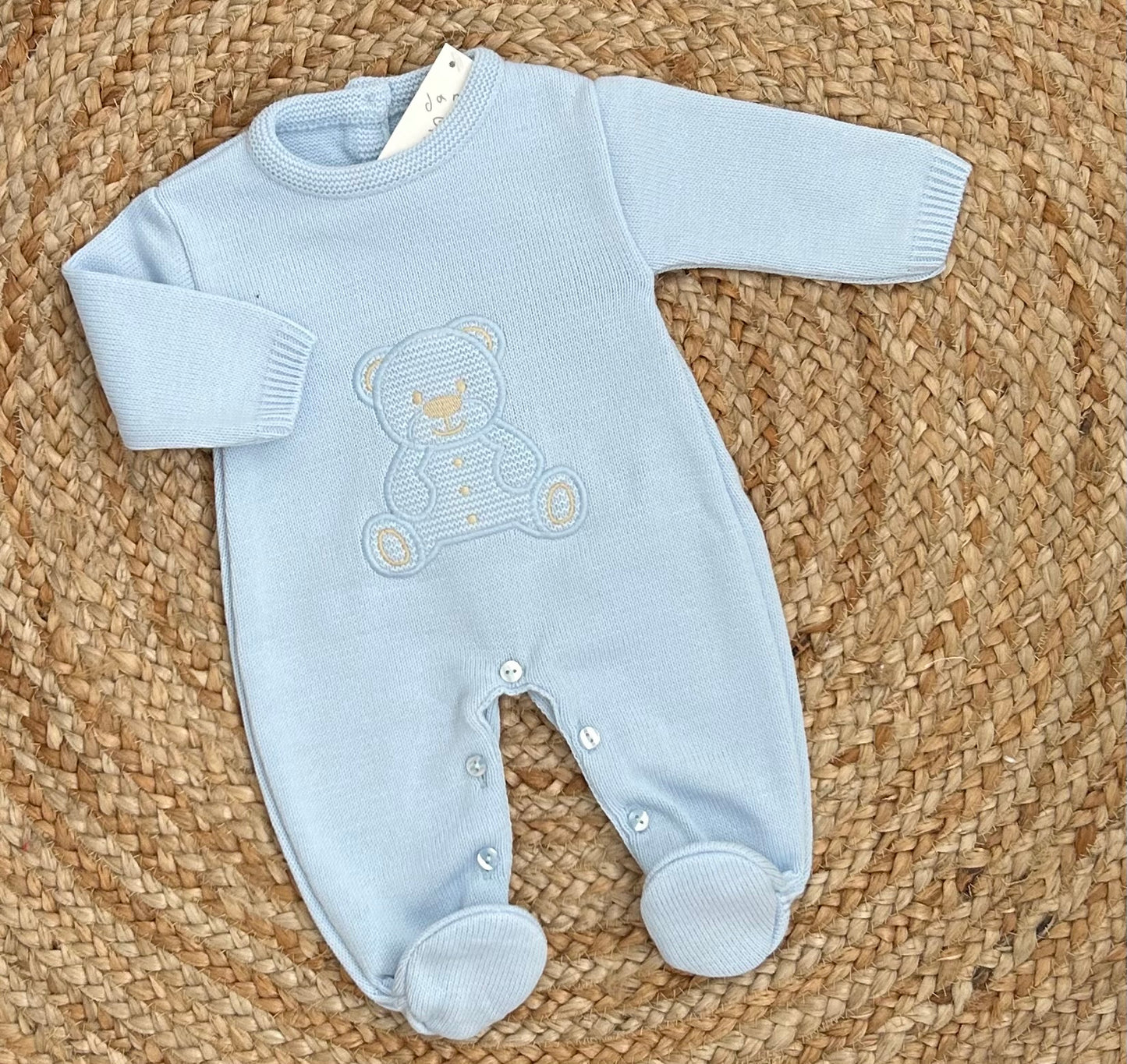 BEARLY baby boys blue beige applique teddy knitted all in romper