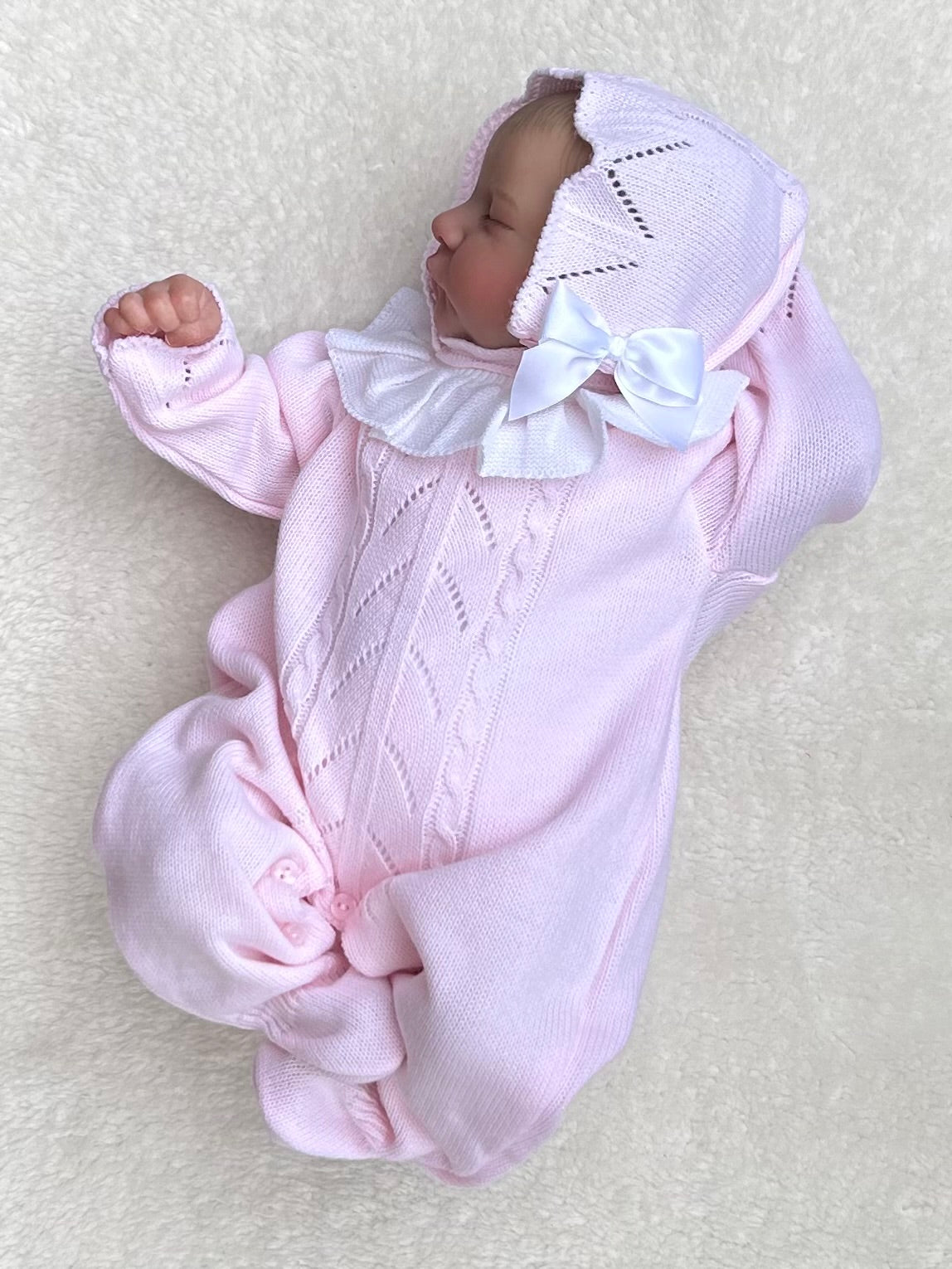 ANNIE baby girls pink knitted all in one romper matching bonnet