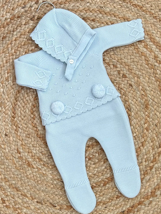 LORIE baby girls boys blue 3 piece set pom poms