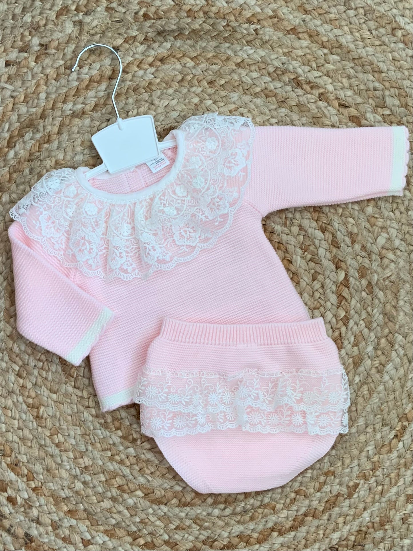 LACIE baby girls knitted 2 piece set knitted jumper jam pants lace trim