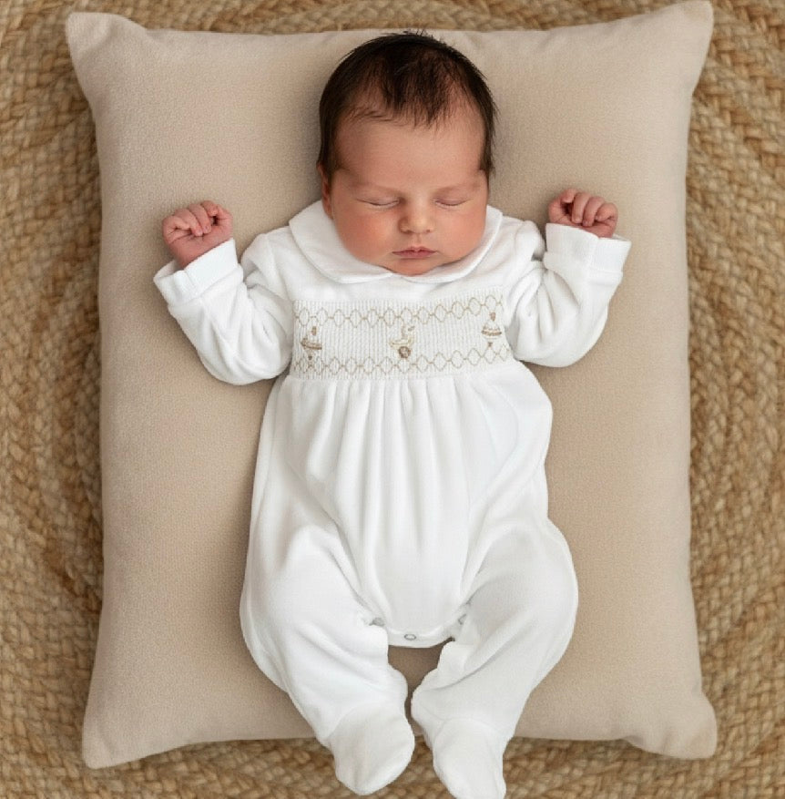 TOY baby neutral white soft velour smocked toy romper