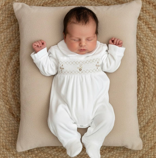 TOY baby neutral white soft velour smocked toy romper