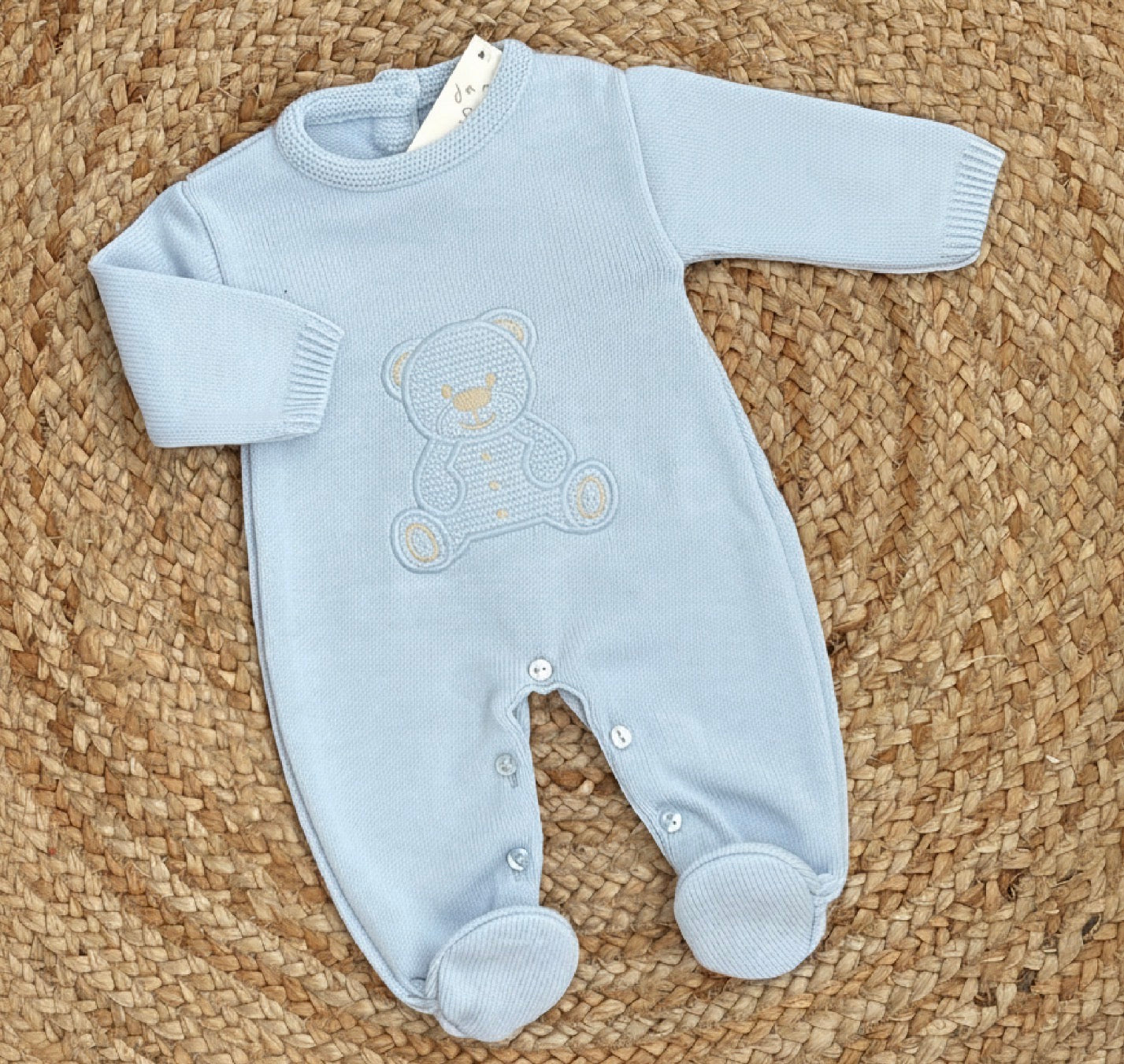 BEARLY baby blue boys knitted teddy motif romper