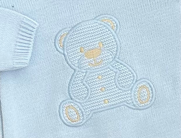 BEARLY baby boys blue beige applique teddy knitted all in romper