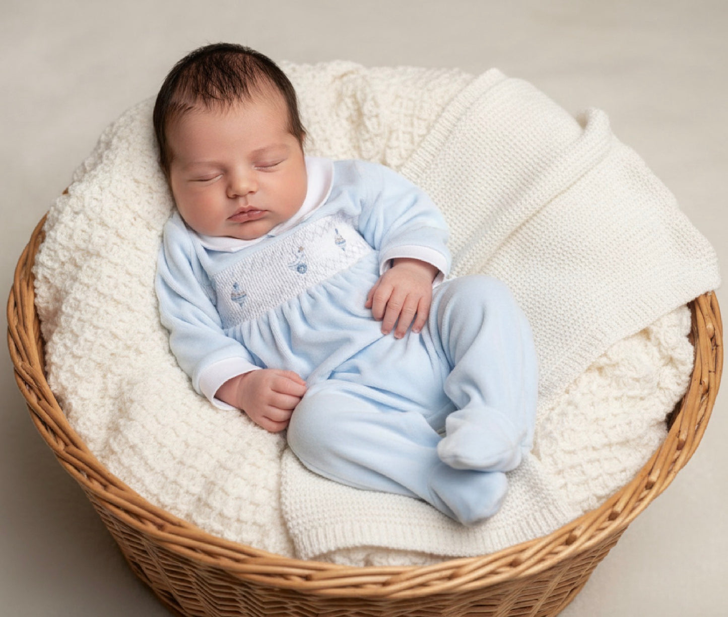 TOY baby blue boys soft velour smocked toy romper