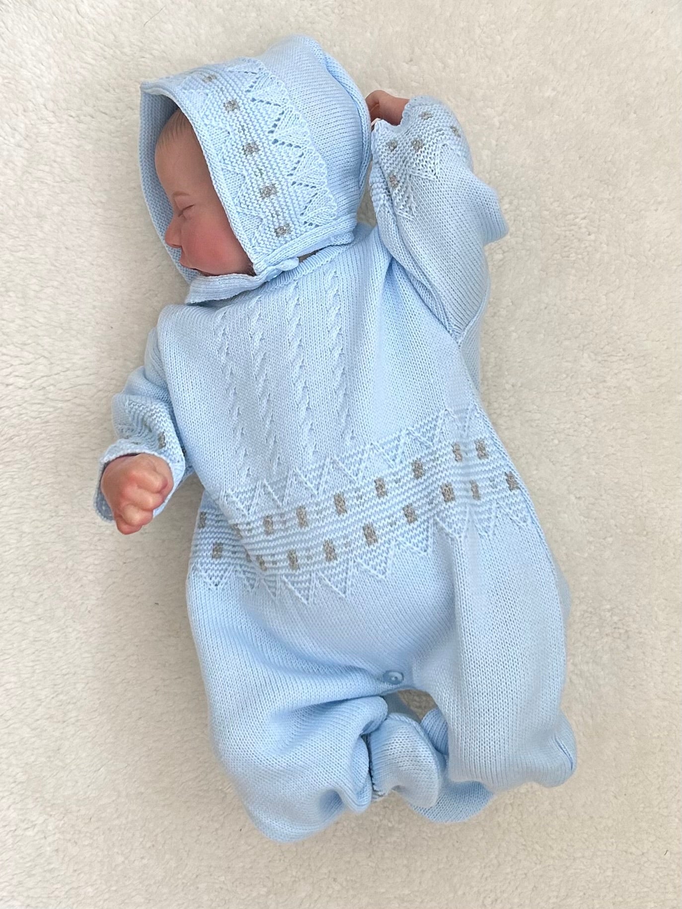 RALPHY baby boys knitted all in one romper blue grey matching hat