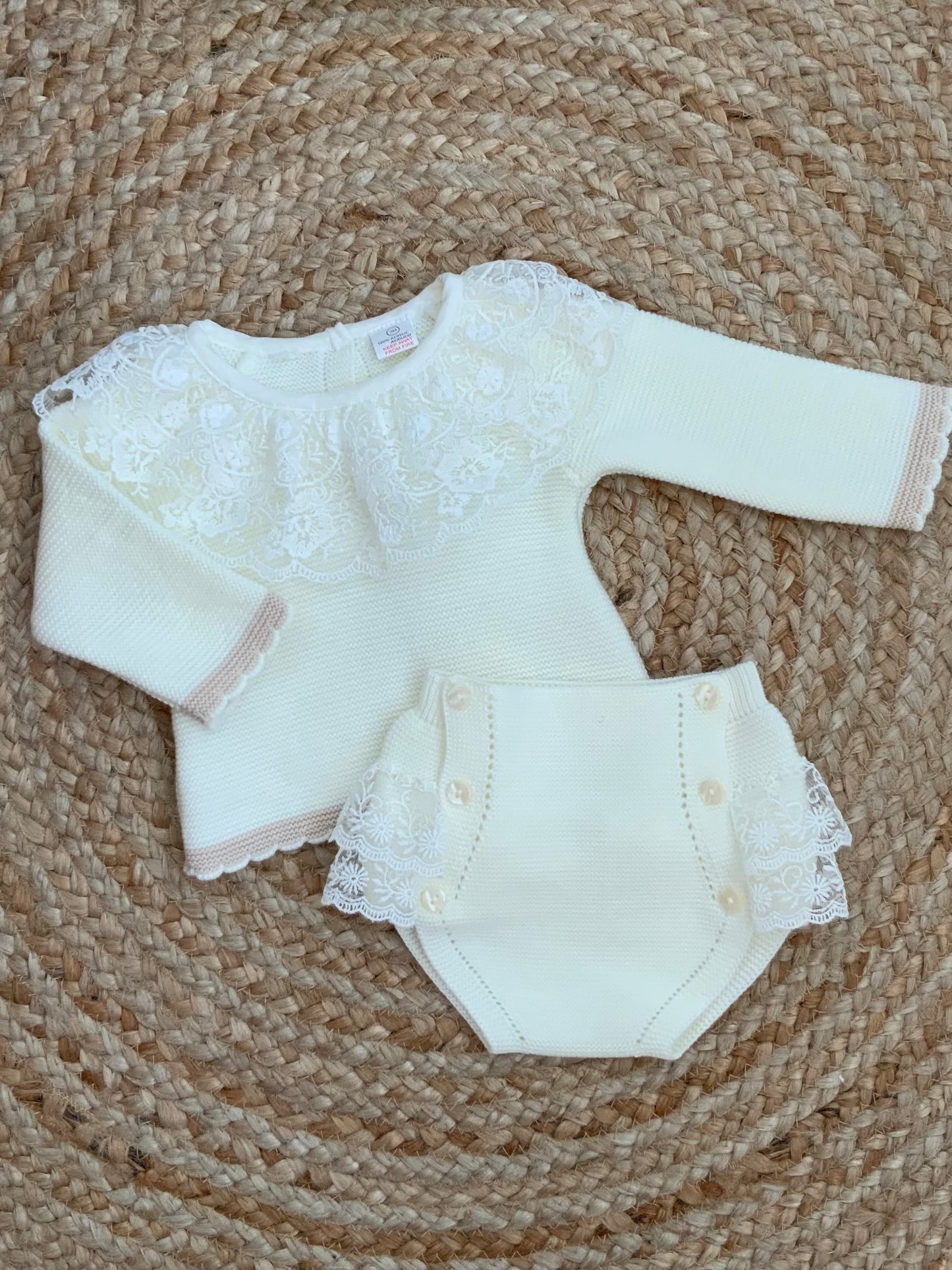 LACIE cream beige knitted jam pants set lace detailing