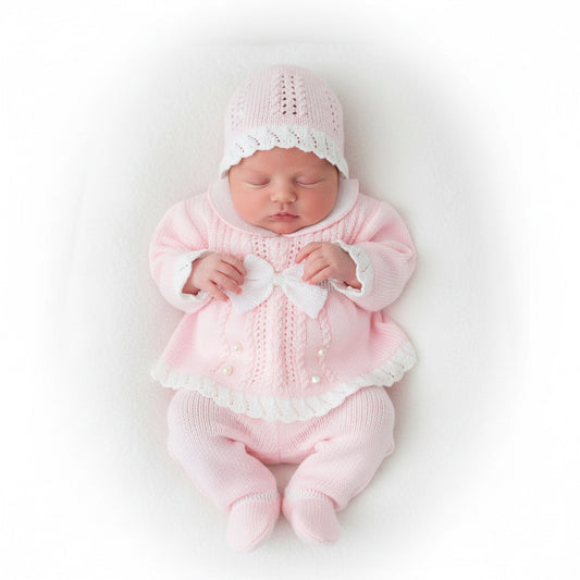 DAISY baby girls knitted 3 piece set jumper bonnet trousers