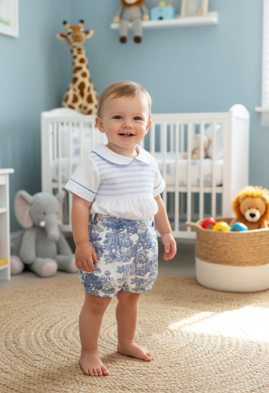 ANICKA baby boys girls french toille design jam pants short smocked shirt blouse