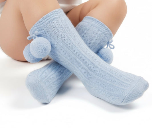 BOBBY baby boys girls knee high pom pom socks baby blue