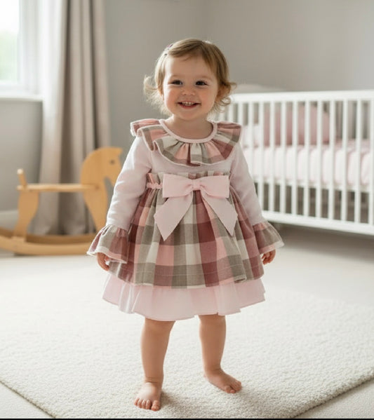 Baby girls pastel pink checked ruffle dress