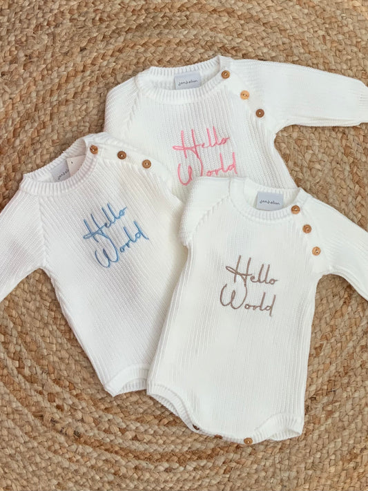 HELLO WORLD babies ribbed all in one knitted romper boys girls