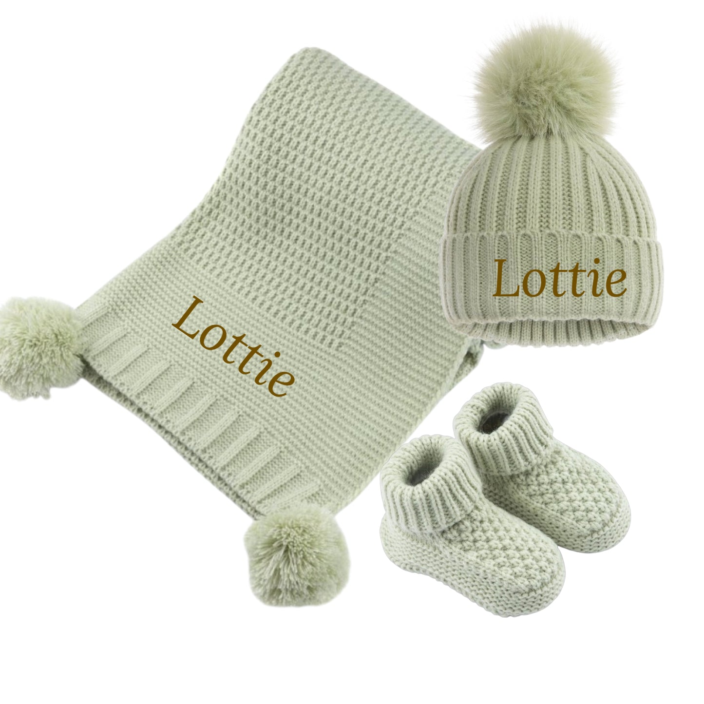 GIFT SET babies pistachio green embroided baby shawl blanket pom pom hat and bootees