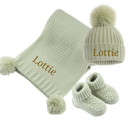 GIFT SET babies pistachio green embroided baby shawl blanket pom pom hat and bootees