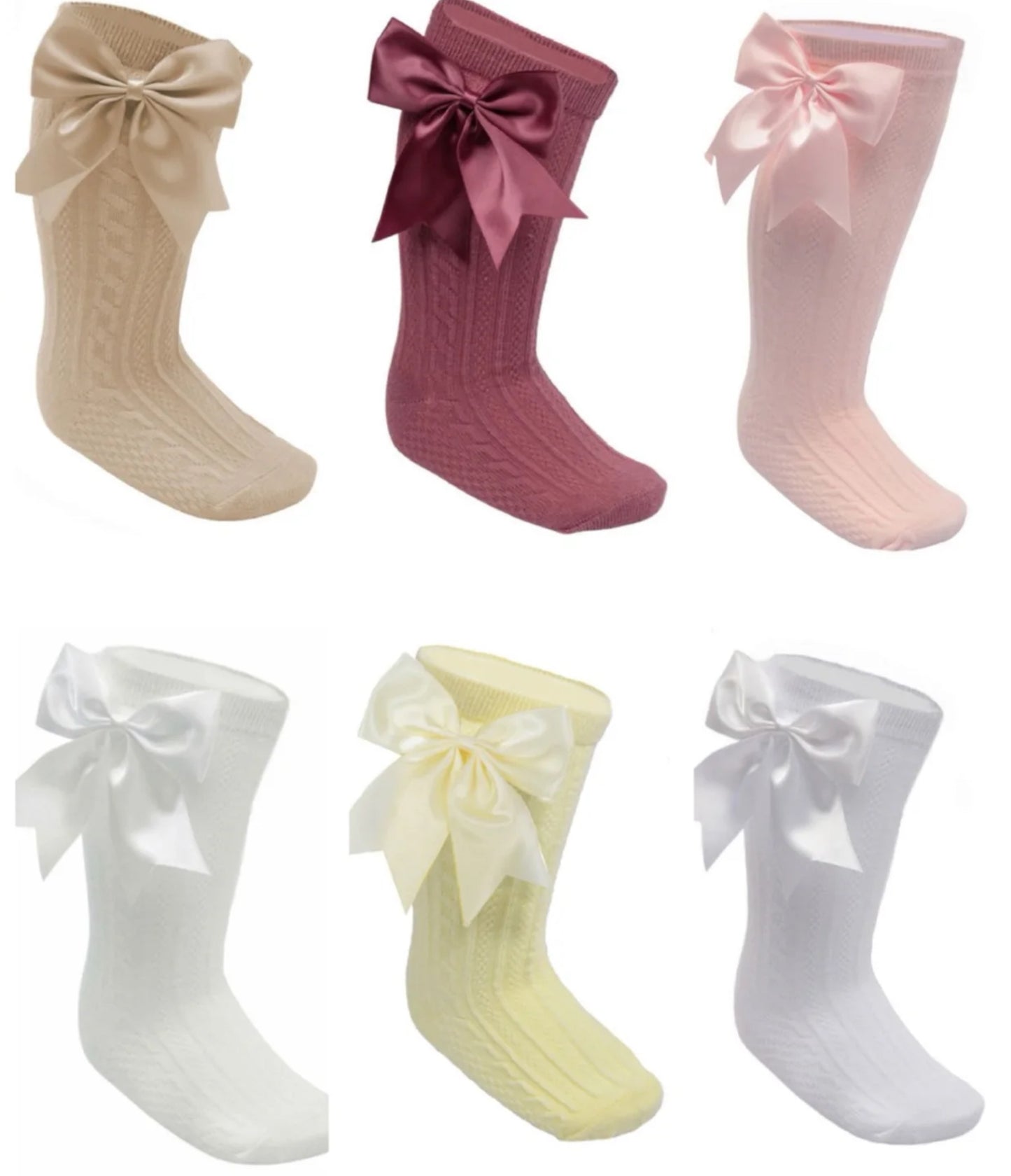 DORI baby girls knee high satin bow socks pink white cream lemon beige