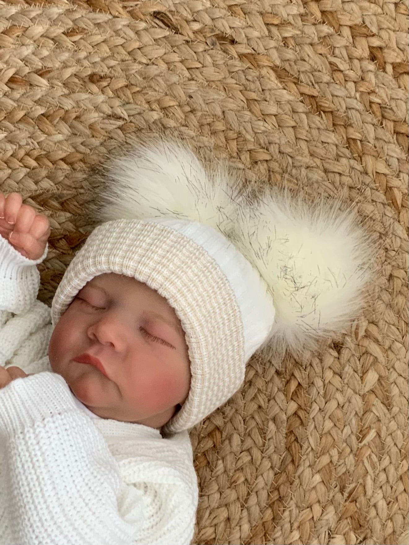 BOBBY cream beige babies knitted faux fur pom pom hat