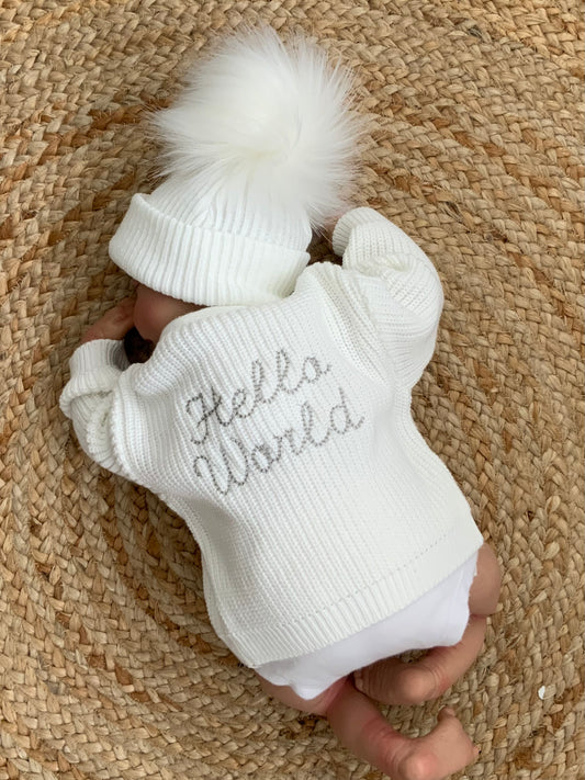 Hello world babies v-neck embroided cardigan white beige pink blue boys girls unisex gift