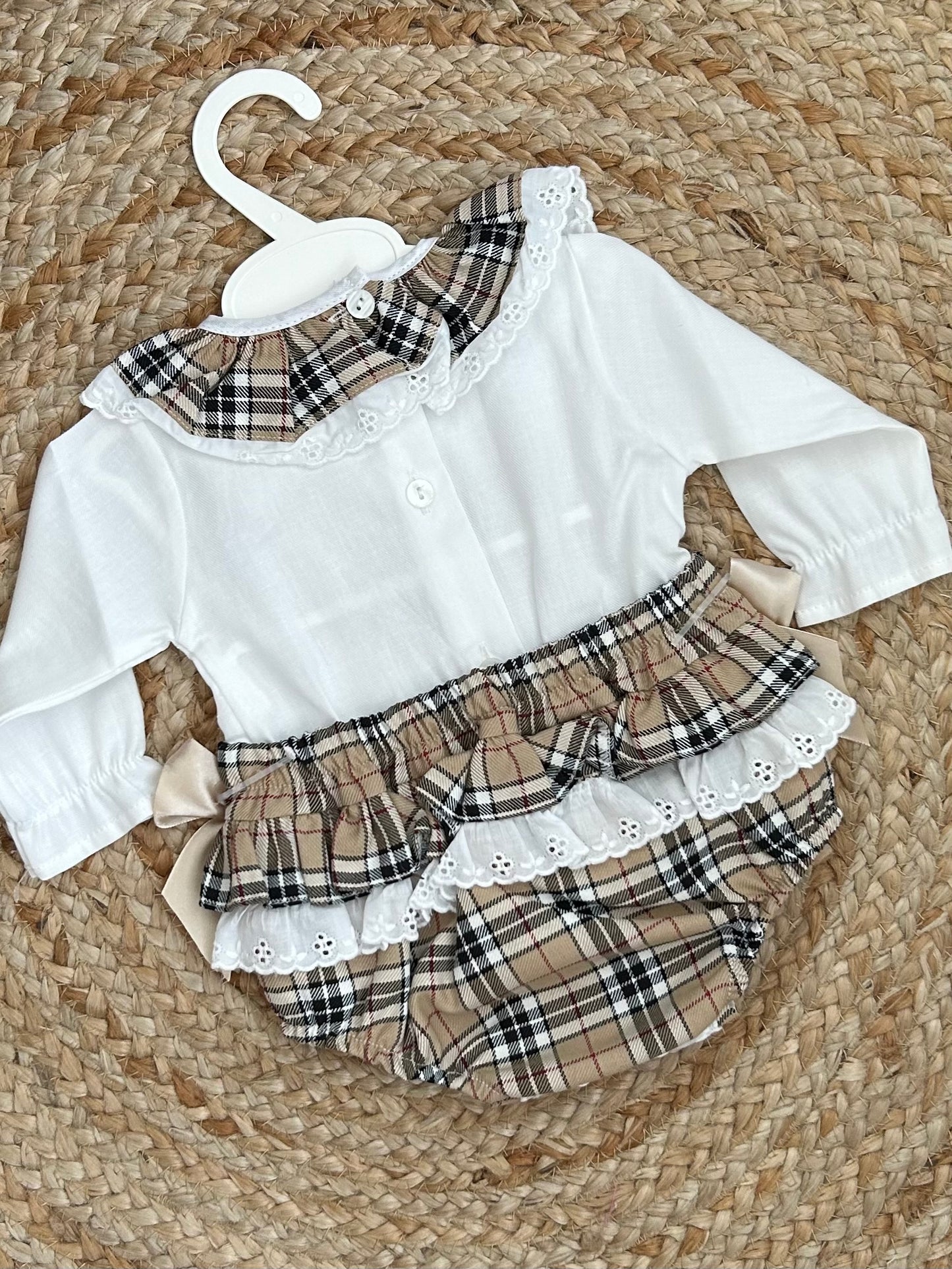 RAVEL girls toddlers beige cream checked jam pants  all in one dungerees white blouse