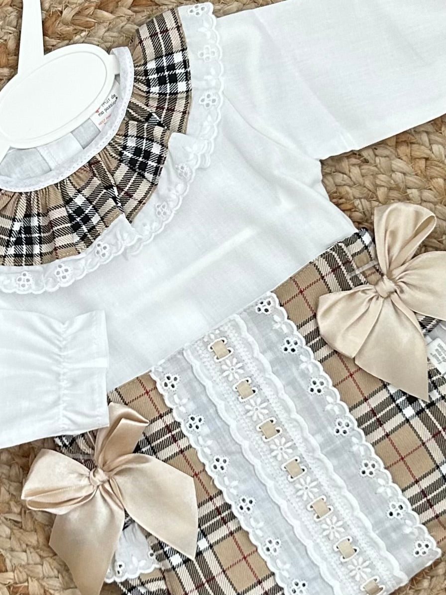 RAVEL girls toddlers beige cream checked jam pants  all in one dungerees white blouse